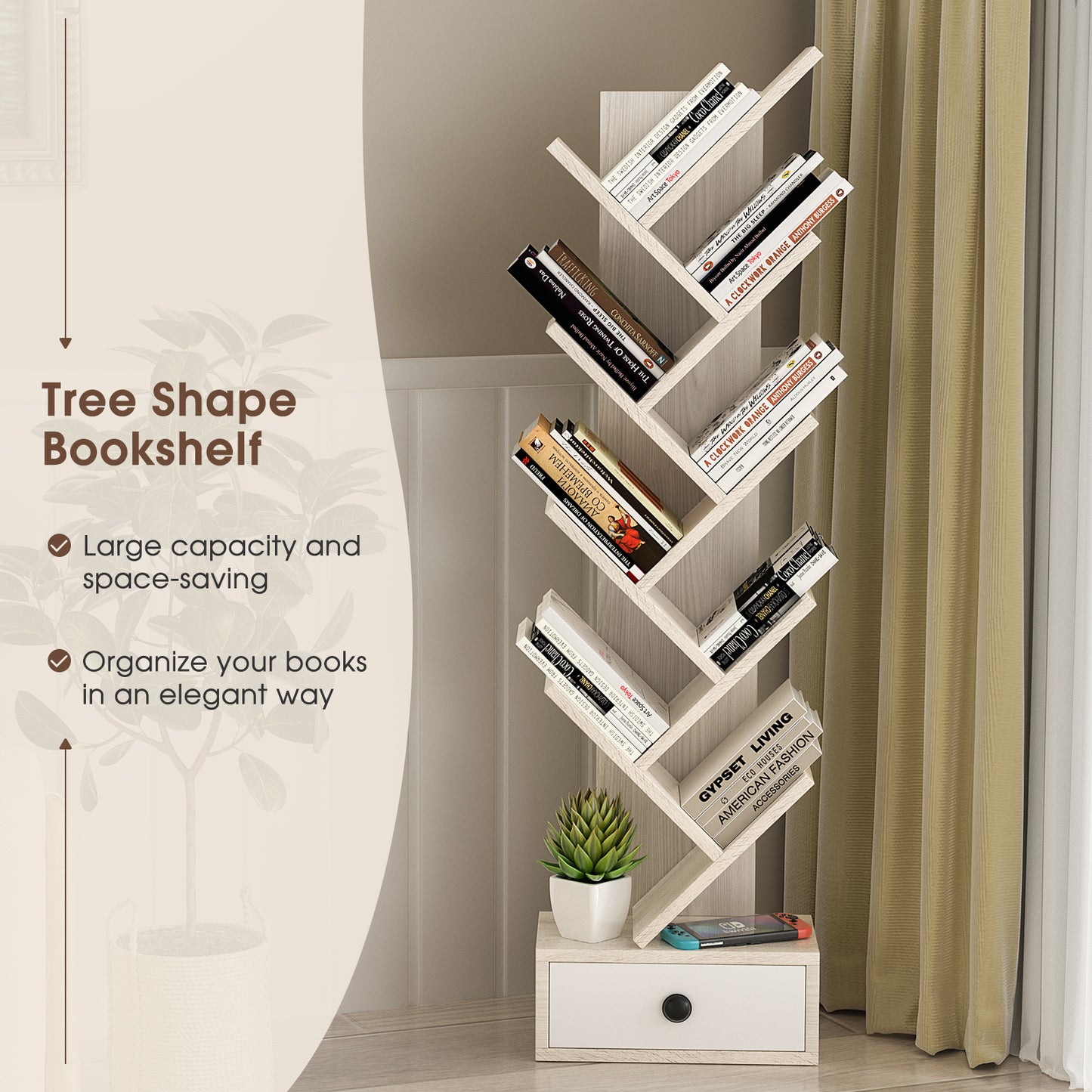 10-Tier Tree Bookshelf with Drawer and Anti-Tipping Kit-Beige
