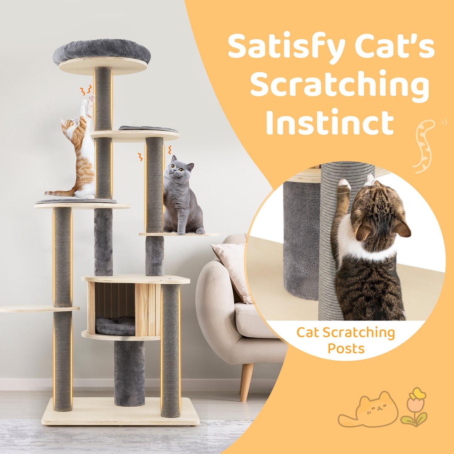 172 CM Tall Cat Tree with Comfy Padded Top Perch-Grey