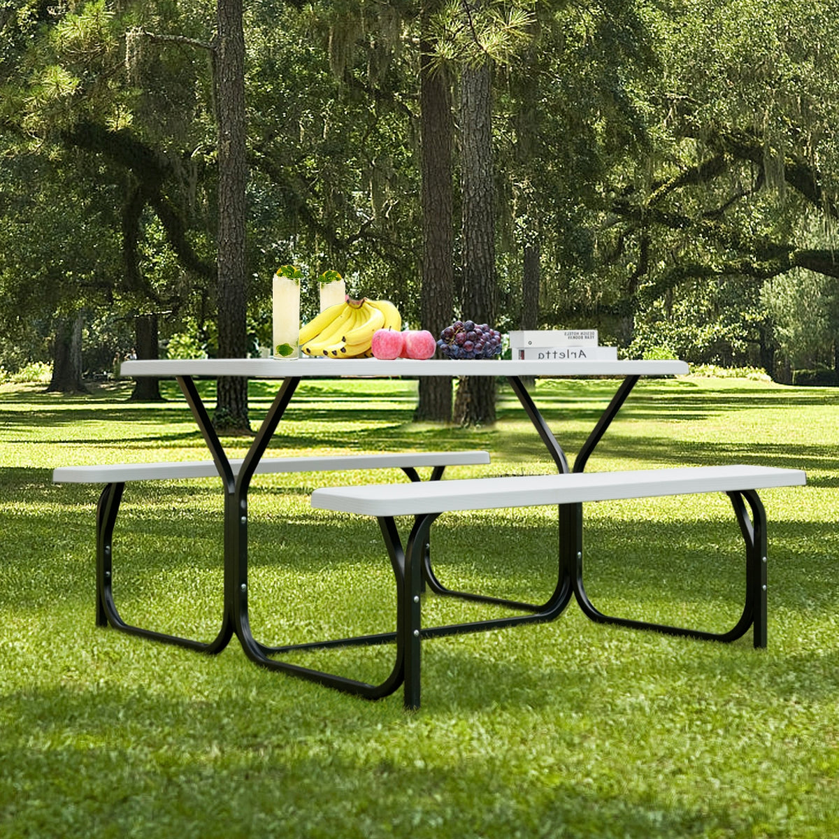 Picnic Table and Bench Set with Metal Frame and All Weather-resistant Surface for Backyard-White