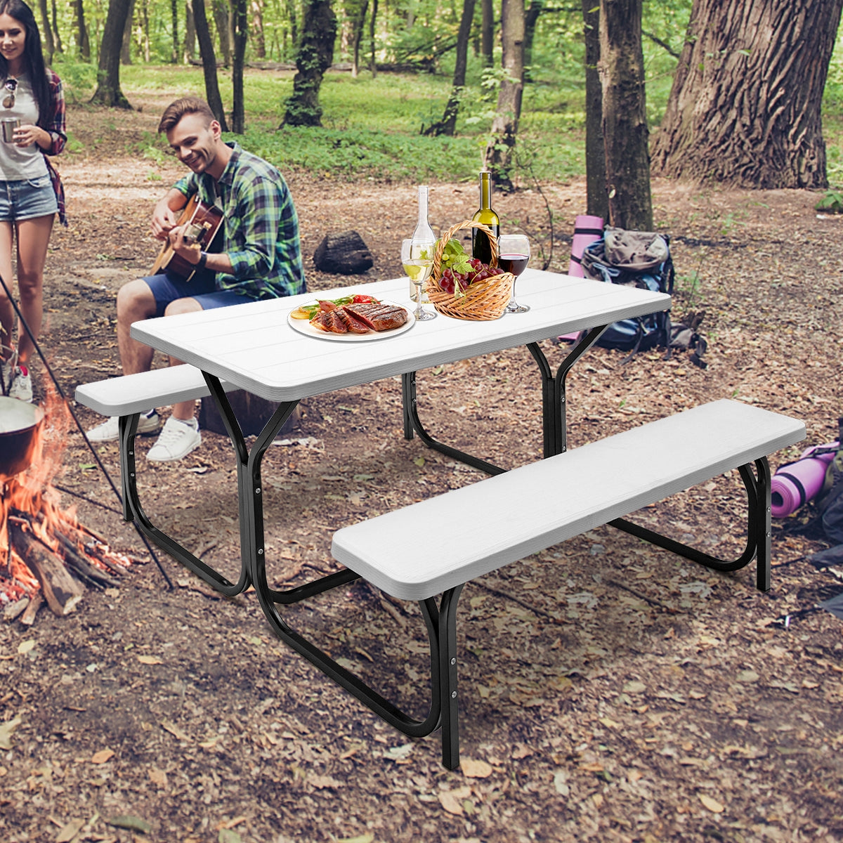 Picnic Table and Bench Set with Metal Frame and All Weather-resistant Surface for Backyard-White