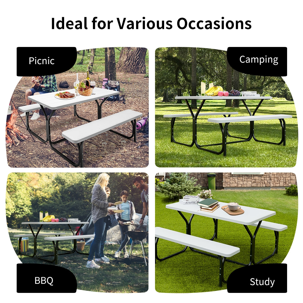 Picnic Table and Bench Set with Metal Frame and All Weather-resistant Surface for Backyard-White