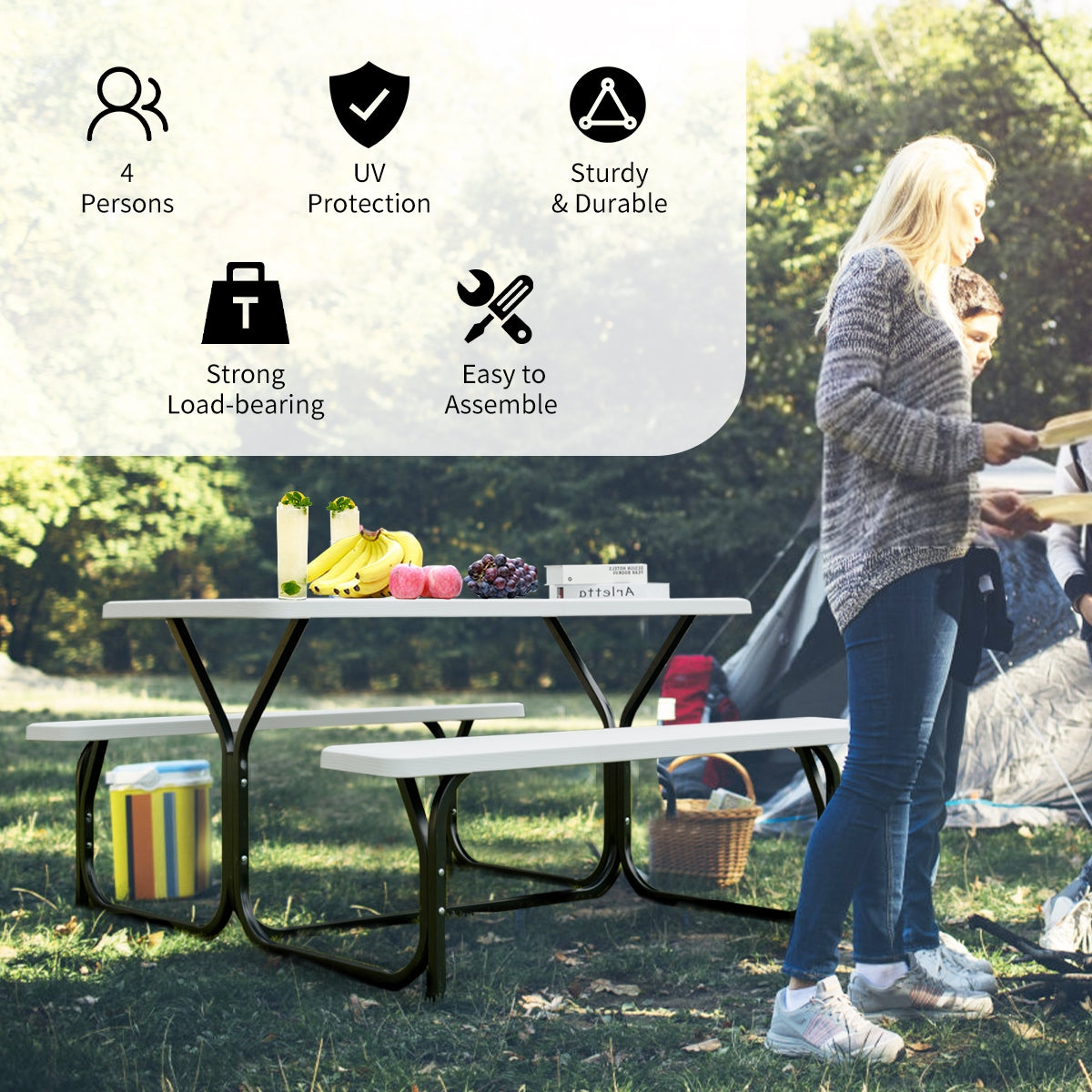 Picnic Table and Bench Set with Metal Frame and All Weather-resistant Surface for Backyard-White