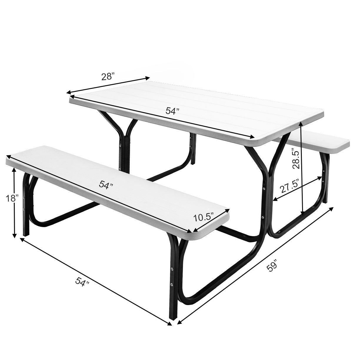 Picnic Table and Bench Set with Metal Frame and All Weather-resistant Surface for Backyard-White