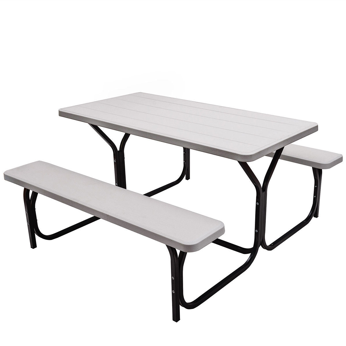Picnic Table and Bench Set with Metal Frame and All Weather-resistant Surface for Backyard-White