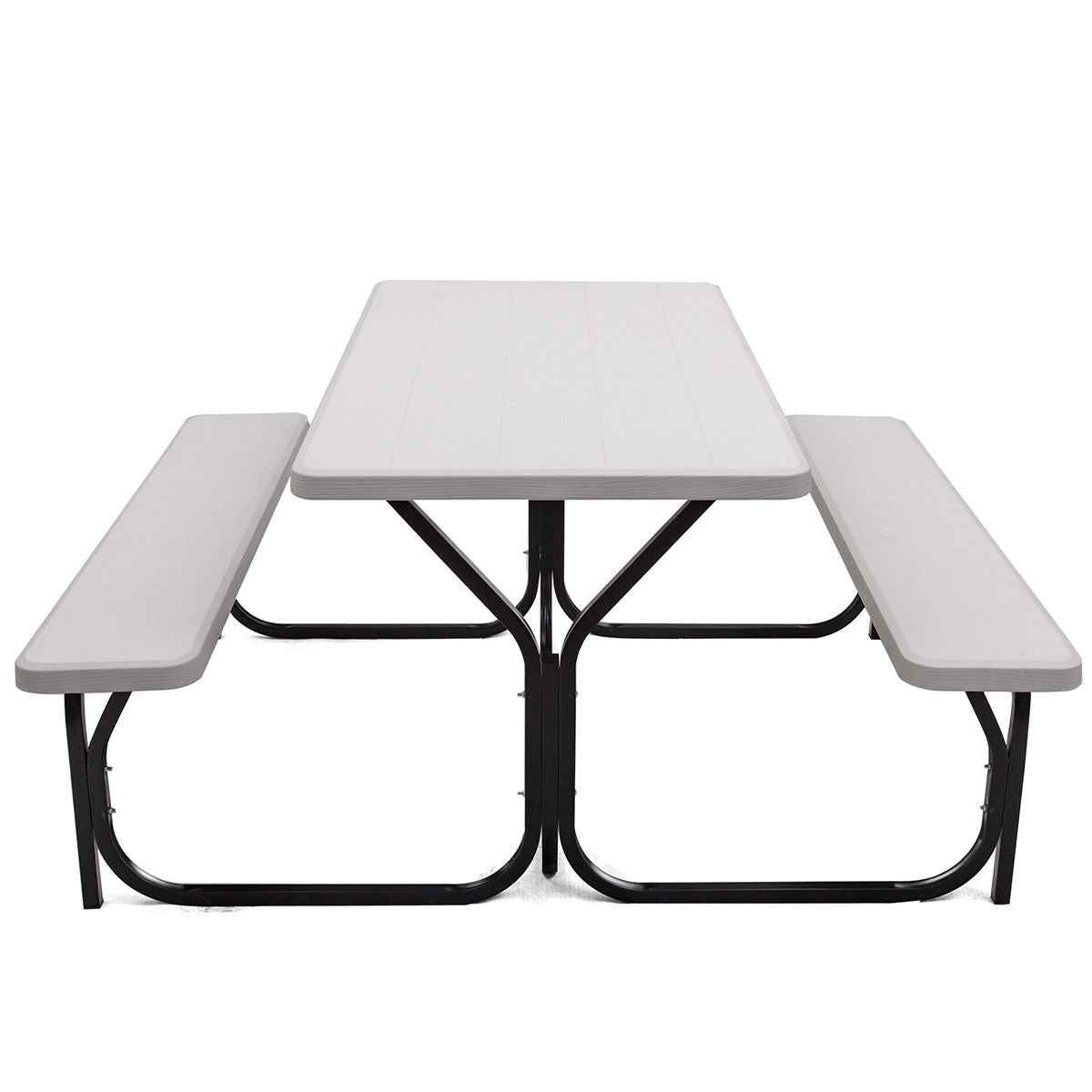 Picnic Table and Bench Set with Metal Frame and All Weather-resistant Surface for Backyard-White