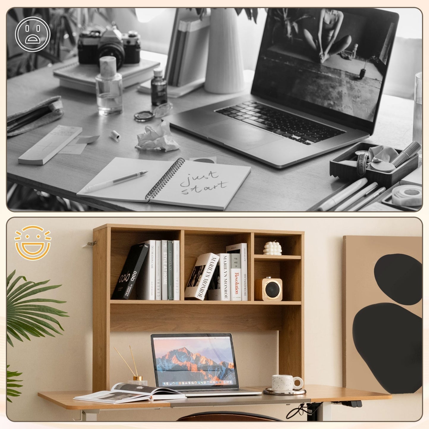 Computer Desktop Bookcase with 4 Cubbies and Open Back Compartment-Natural