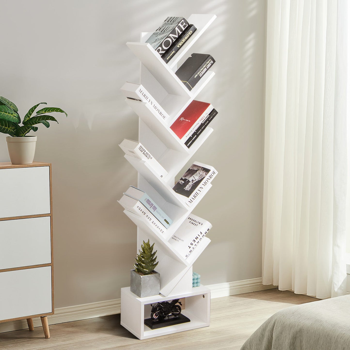10-Tier Tree Bookcase with Drawer for Storage-White