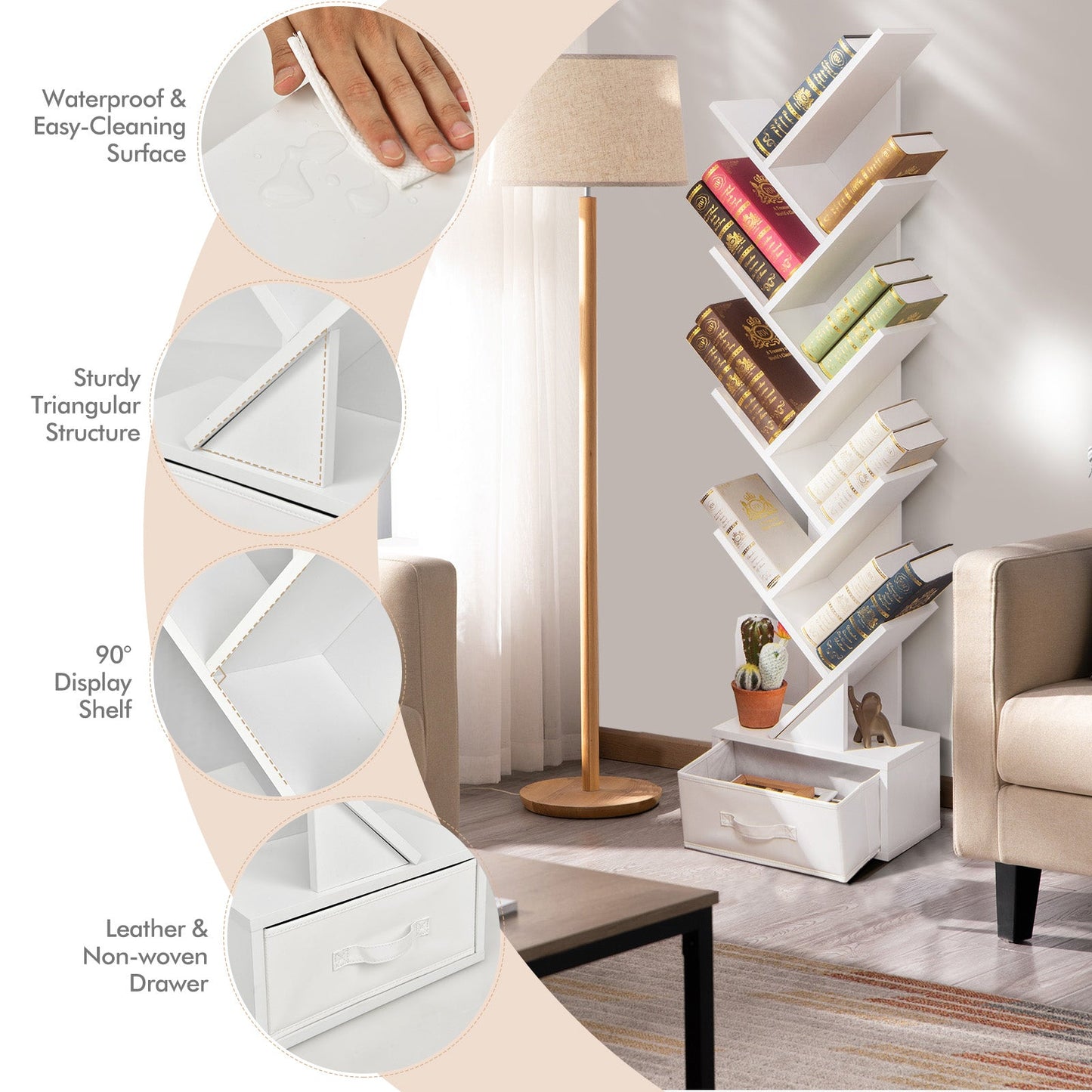 10-Tier Tree Bookcase with Drawer for Storage-White