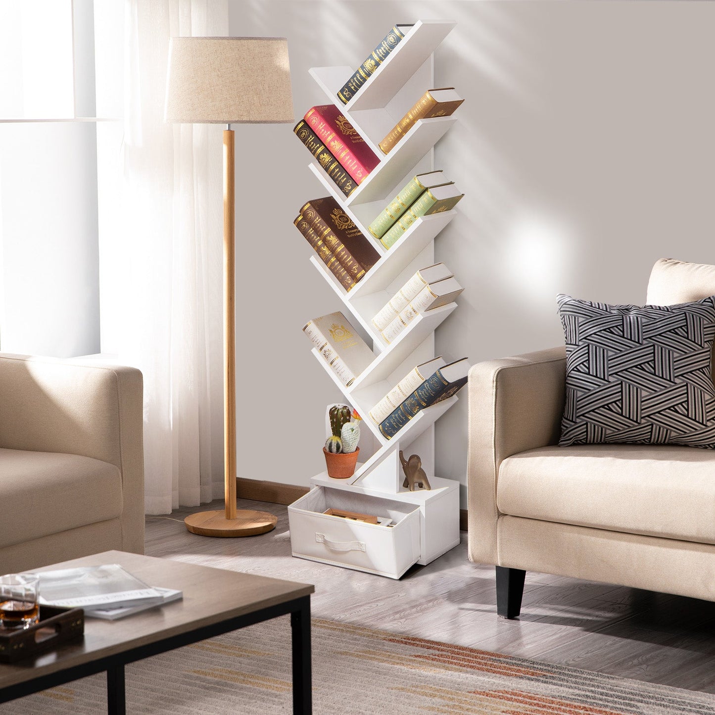 10-Tier Tree Bookcase with Drawer for Storage-White
