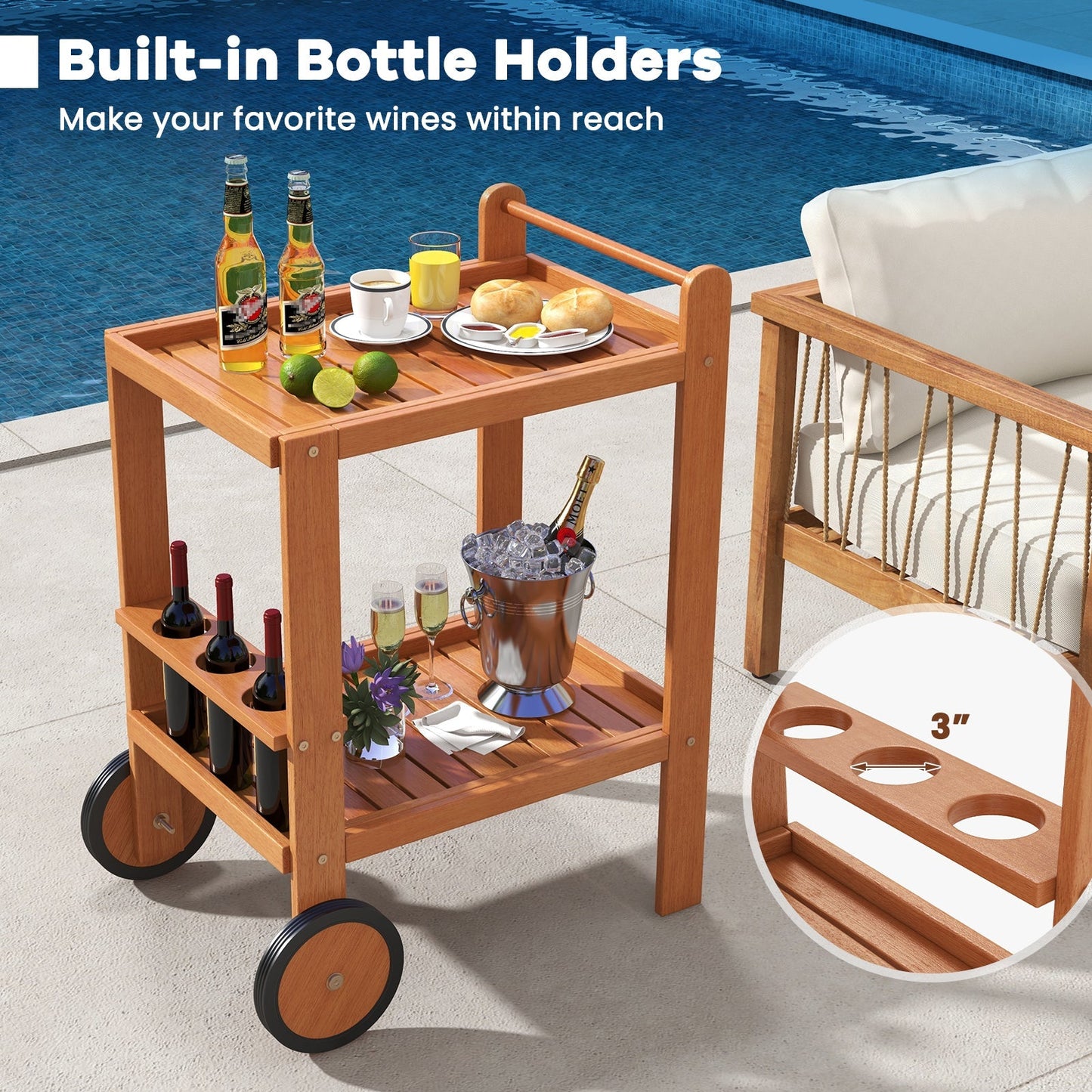 2 Tier Rolling Serving Cart with Wine Bottle Holders and 2 Rubber Wheels