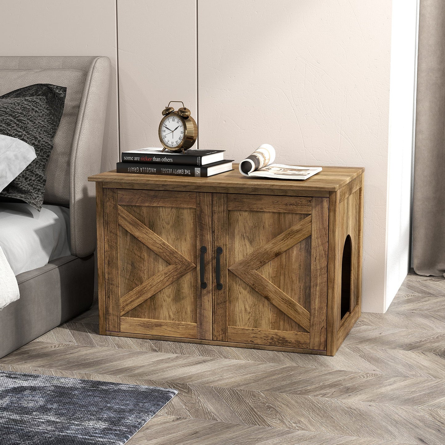 Flip Top Hidden Cat Washroom Furniture with Double Barn Doors, Removable Divider and Middle Entry