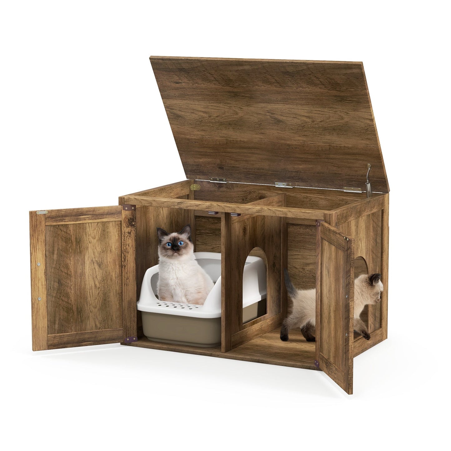 Flip Top Hidden Cat Washroom Furniture with Double Barn Doors, Removable Divider and Middle Entry