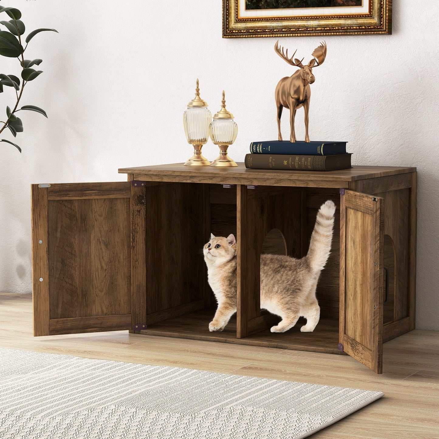 Flip Top Hidden Cat Washroom Furniture with Double Barn Doors, Removable Divider and Middle Entry