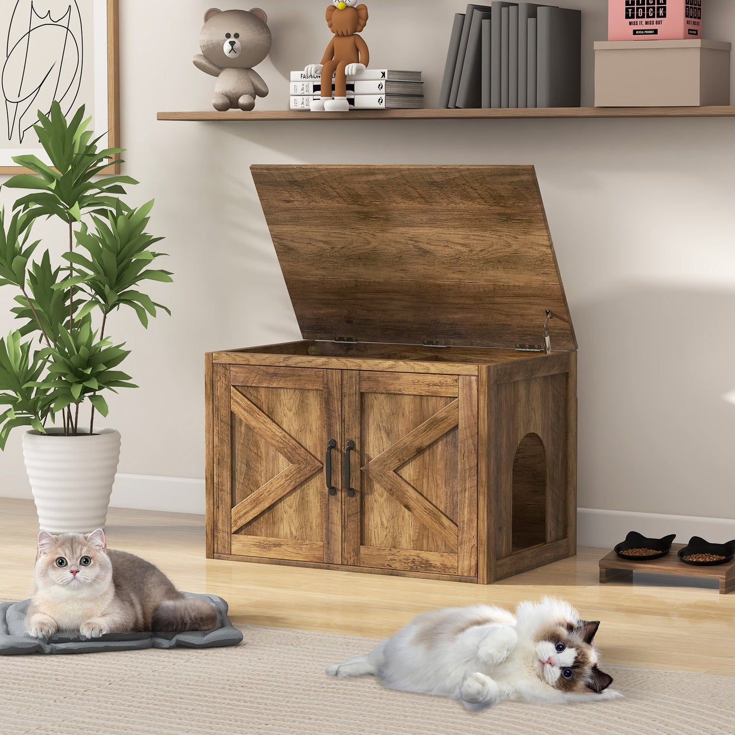 Flip Top Hidden Cat Washroom Furniture with Double Barn Doors, Removable Divider and Middle Entry