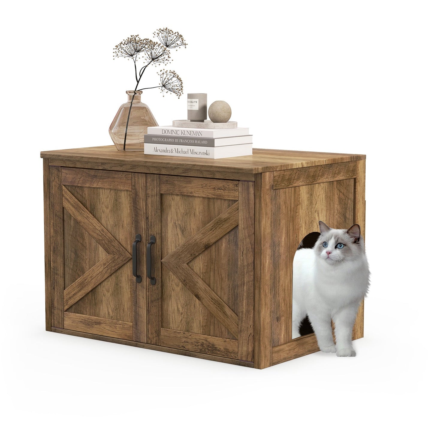 Flip Top Hidden Cat Washroom Furniture with Double Barn Doors, Removable Divider and Middle Entry