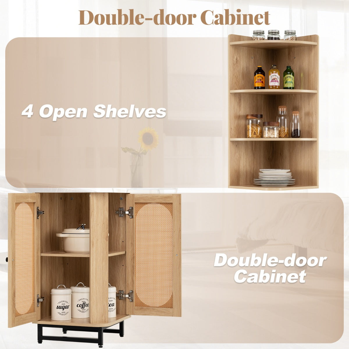 172 cm Tall PE Rattan Corner Cabinet with 2 Doors and 4 Open Shelves-Natural