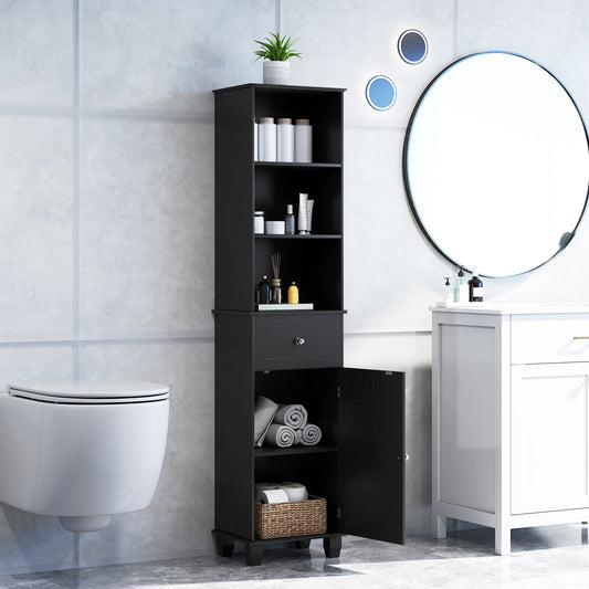 172cm Tall Bathroom Cabinet with Drawer and 3 Open Shelves-Black
