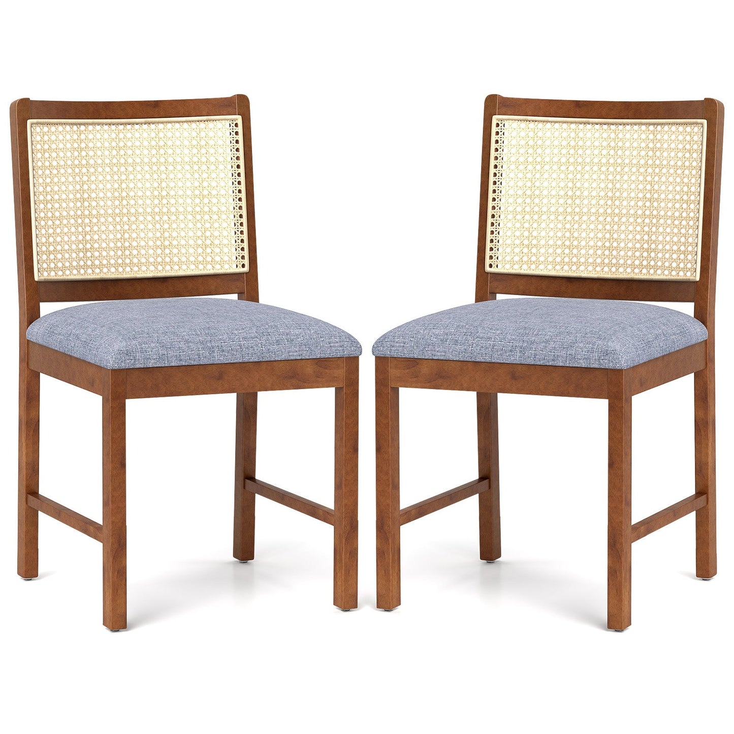 Rattan Dining Chair Set of 2 with Rubber Wood Frame and Linen Fabric Padded Seat-Walnut