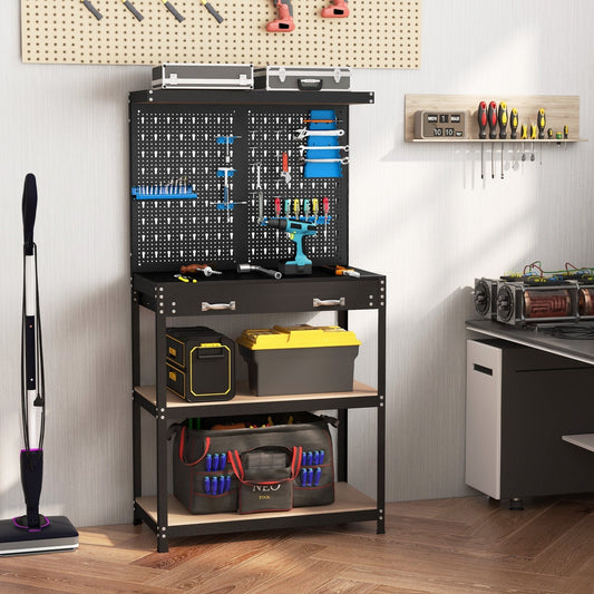 Tool Storage Workbench with Pegboard Shelves and Drawers-Blue