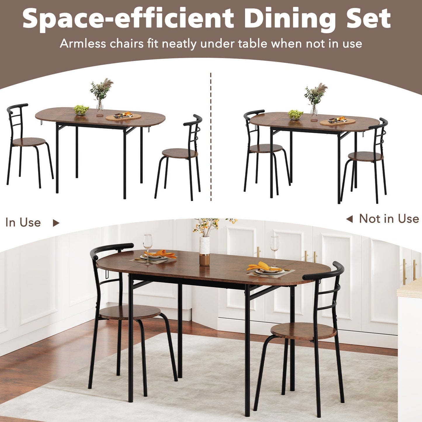3 Pcs Foldable Dining Table Set Expandable Table with 2 Chairs-Rustic Brown