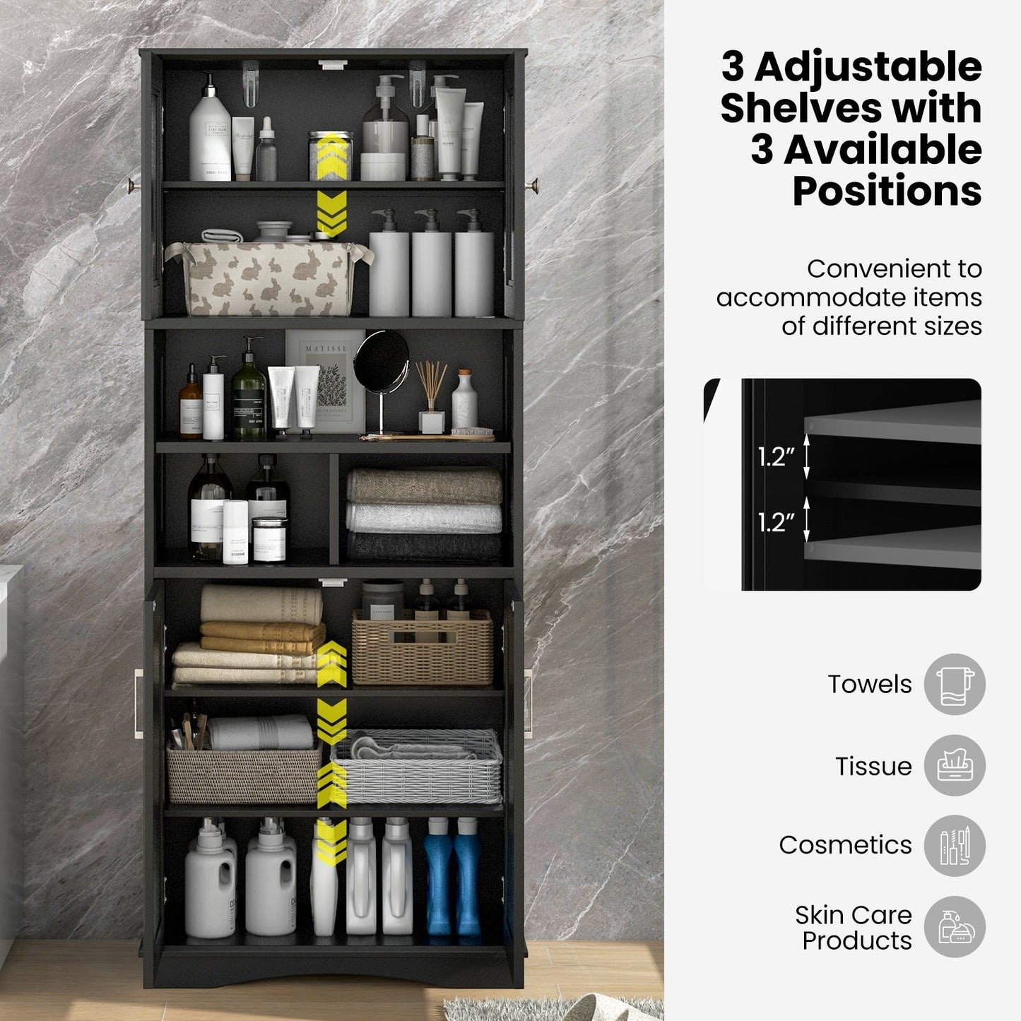 Tall Bathroom Cabinet Large Floor Storage Cabinet with Acrylic Doors and 3 Cubes-Black