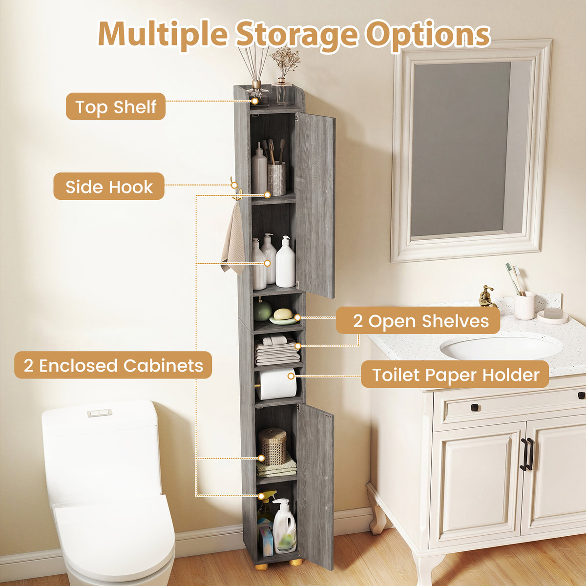 176.5cm Tall Storage Organizer with 2 Doors and Adjustable Shelves-Grey