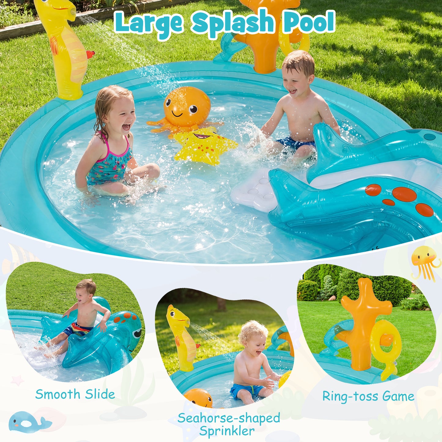 178 x 157 x 67.5 cm Inflatable Play Center with Slide and Seahorse-shaped Sprinkle for Backyard