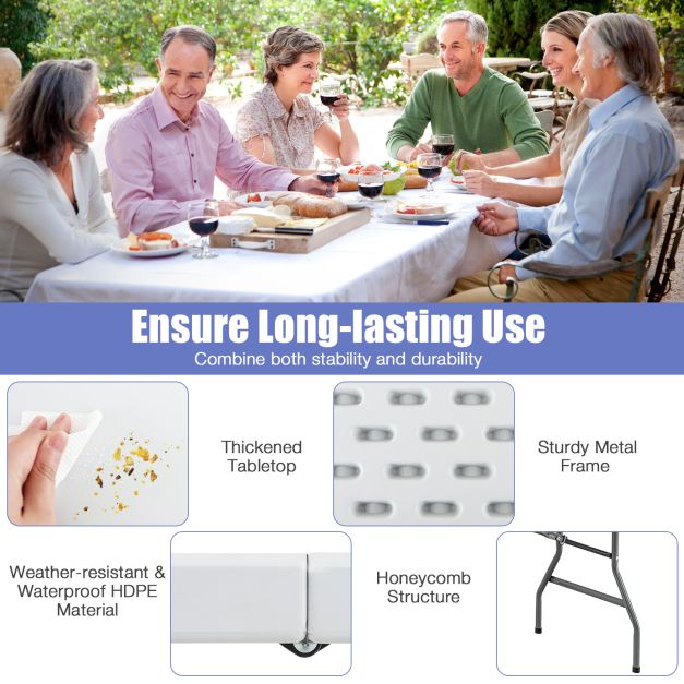 180 CM Folding Plastic Dining Table with Handle Metal Legs and Non-slip Foot Pads