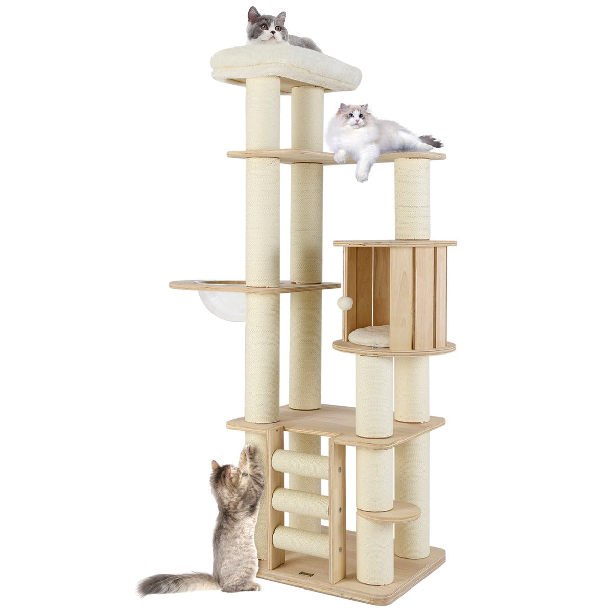 180 cm Tall Cat Tree with Cozy Perch Condo Space Capsule 12 cm Scratching Posts-Natural