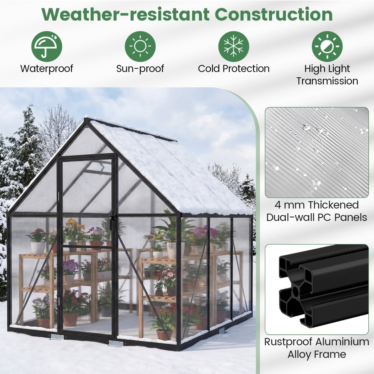 180 x 180CM Large Walk-in Aluminum Greenhouse-Transparent