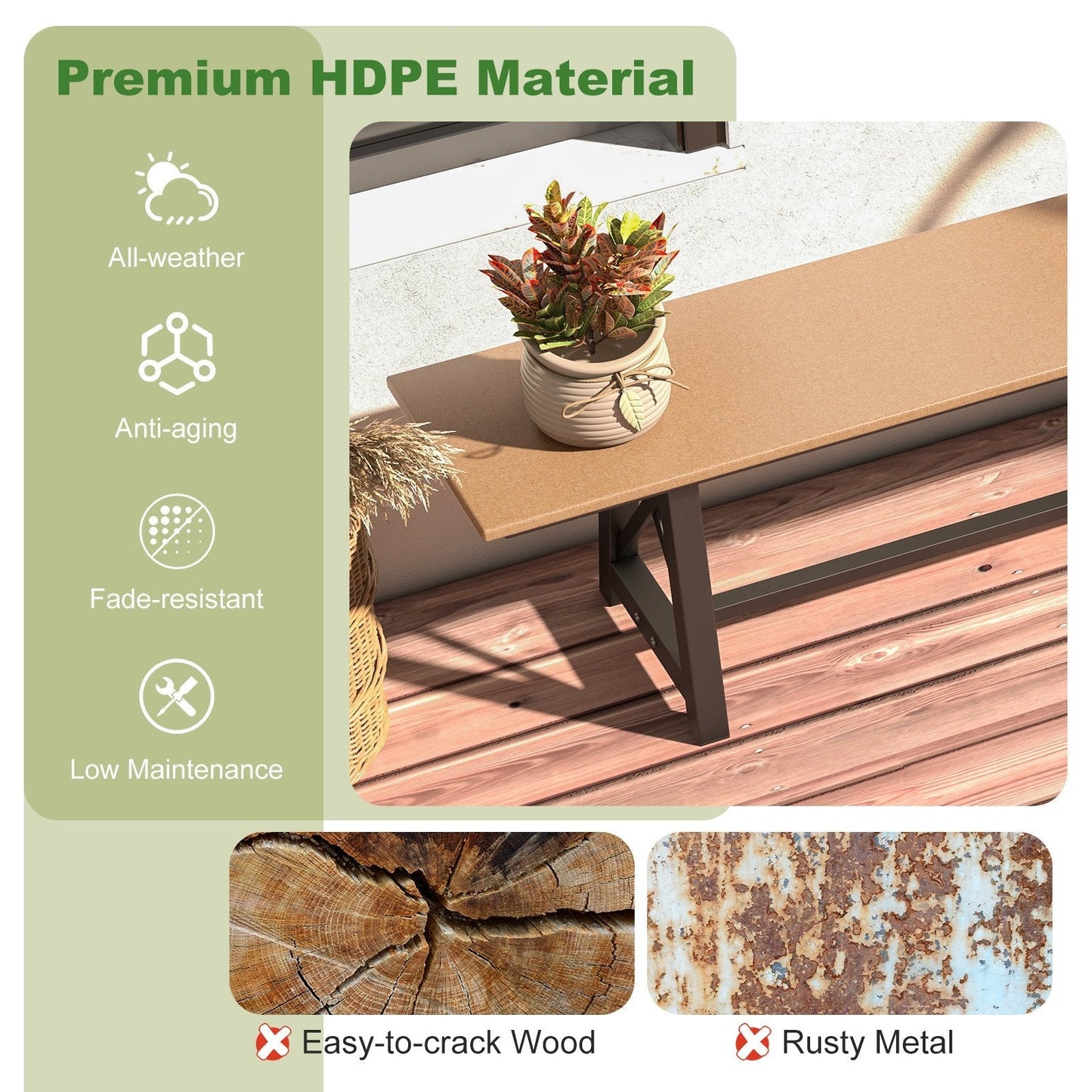 183cm Patio Long Bench with Weatherproof HDPE Seat for 4 People-Brown