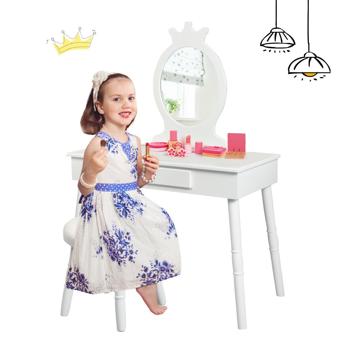 Child's Dressing Table and Cushioned Stool Set-White