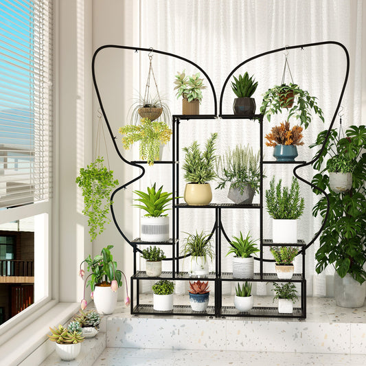 185 cm Tall Butterfly-Shaped 6-Tier Flowerpot Shelf-Black