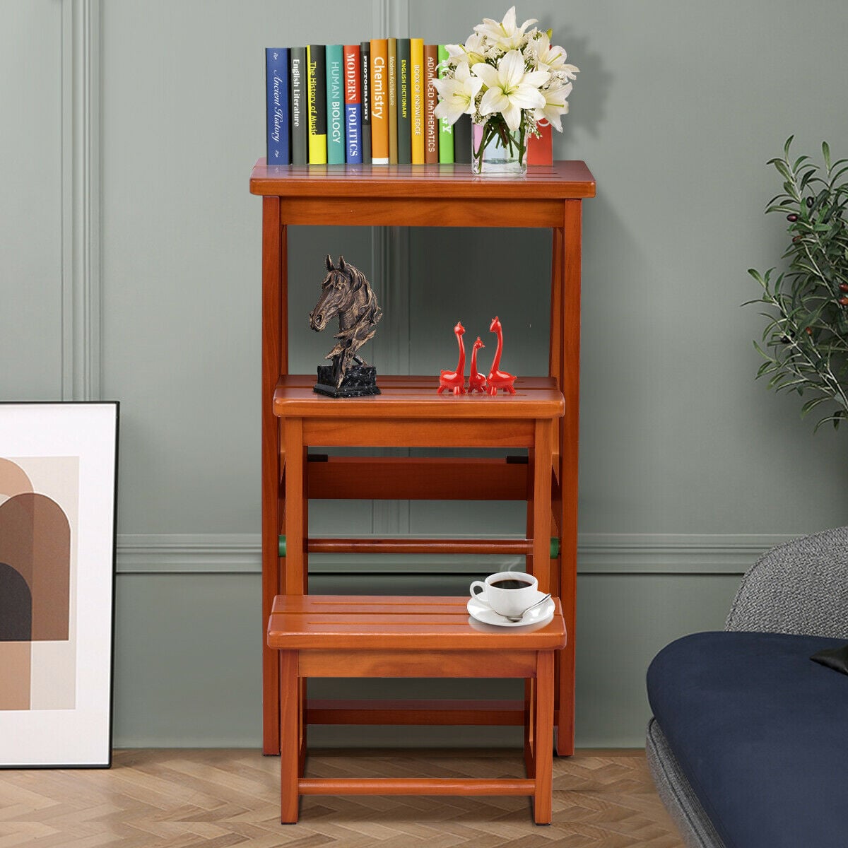 Folding 3 tier Step Stool Wooden Folding Stepladder Shelf-Natural