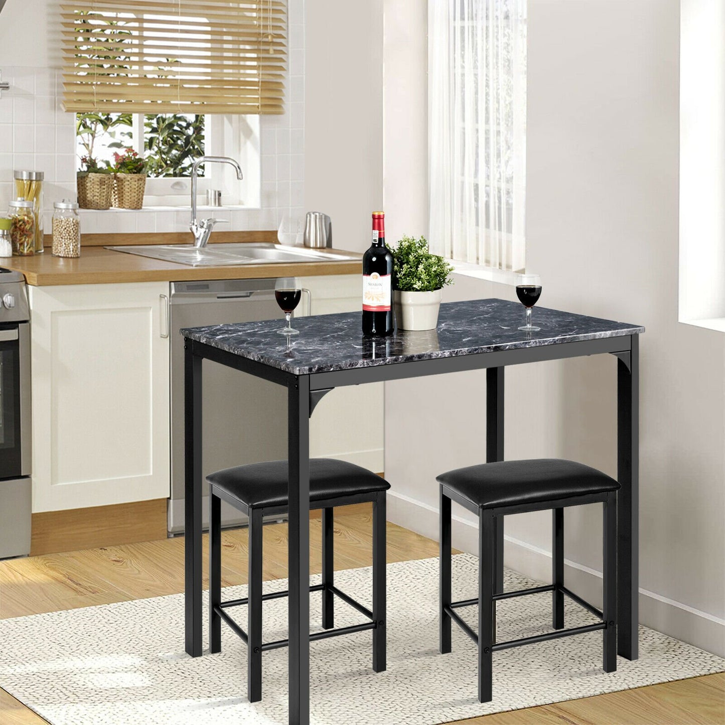 3 Piece Dining Table Set with 2 Faux Leather Backless Stools-Black