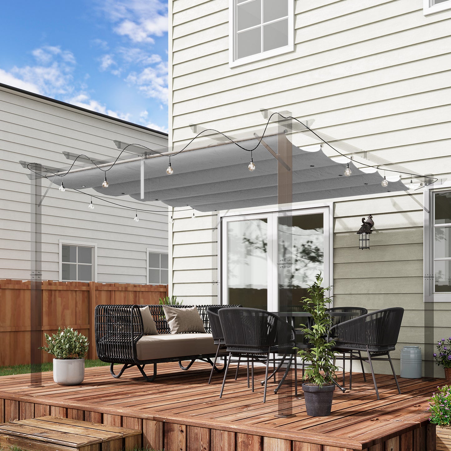 Osłona przeciwsłoneczna Outsunny Retractable Pergola Shade Cover, wymienna tkanina na baldachim do pergoli 3 x 3 (m), dach altany Retractable, jasnoszary