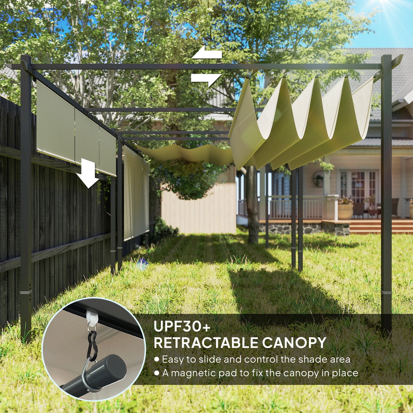 Outsunny 3 x 4m Metalowa pergola z chowanym dachem i roletą, montowana na ścianie lub wolnostojąca ogrodowa altana z baldachimem, UPF30+ zewnętrzna osłona przeciwsłoneczna, beżowa