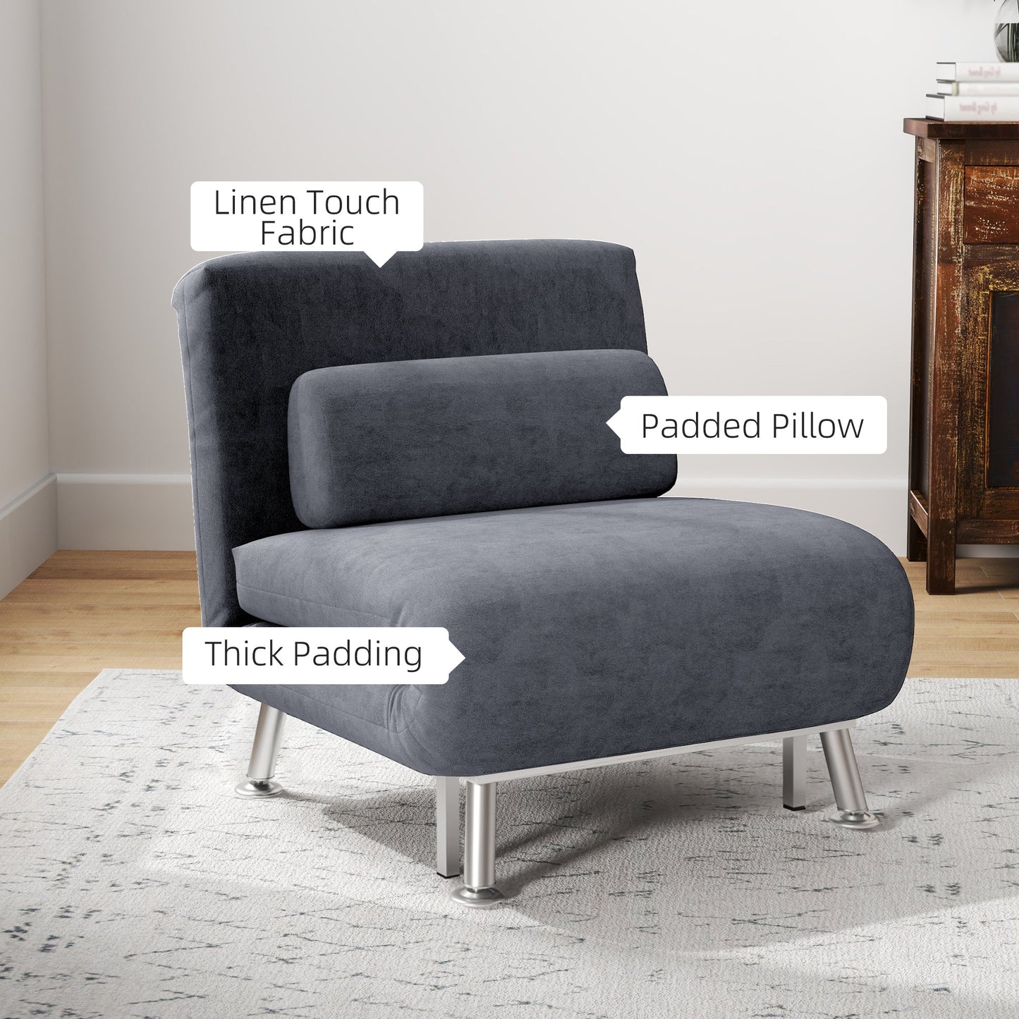 HOMCOM Single Velvet-Feel Sleeper Chair - Dark Grey