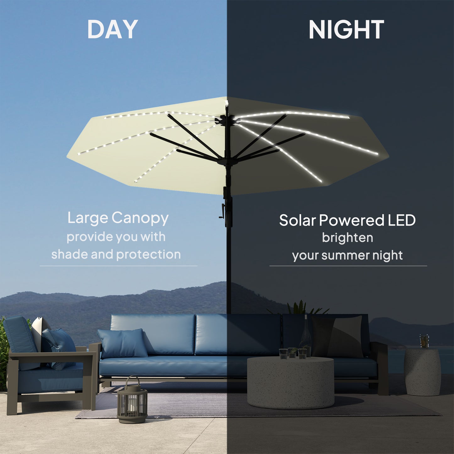 Outsunny 3(m) parasol ogrodowy Cantilever z lampami zasilanymi energią słoneczną, korbką i podstawą krzyżową, UPF 50+, obrót 360√Ǭ∞, kremowy