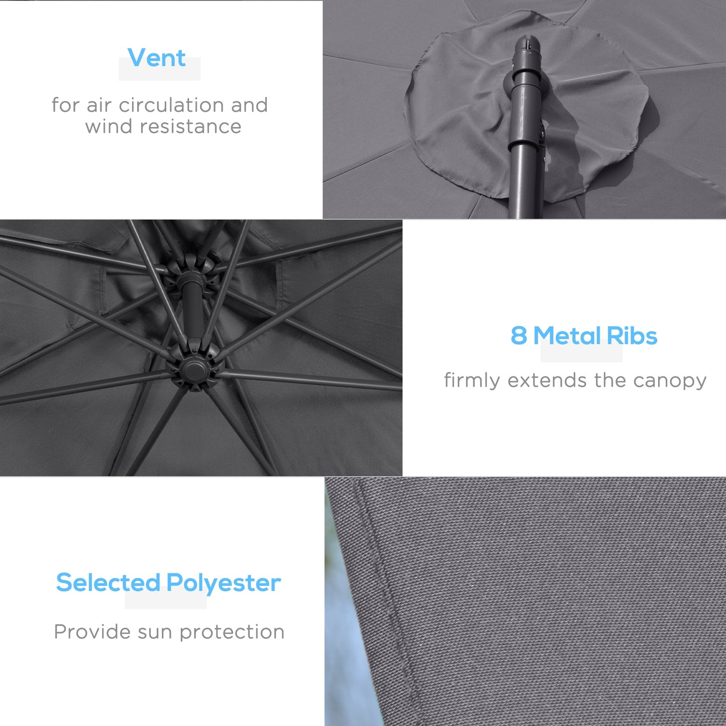 Outsunny 3(m) Garden Parasol Sun Shade Patio Banana Hanging Umbrella Cantilever with Crank Handle and Cross Base Grey