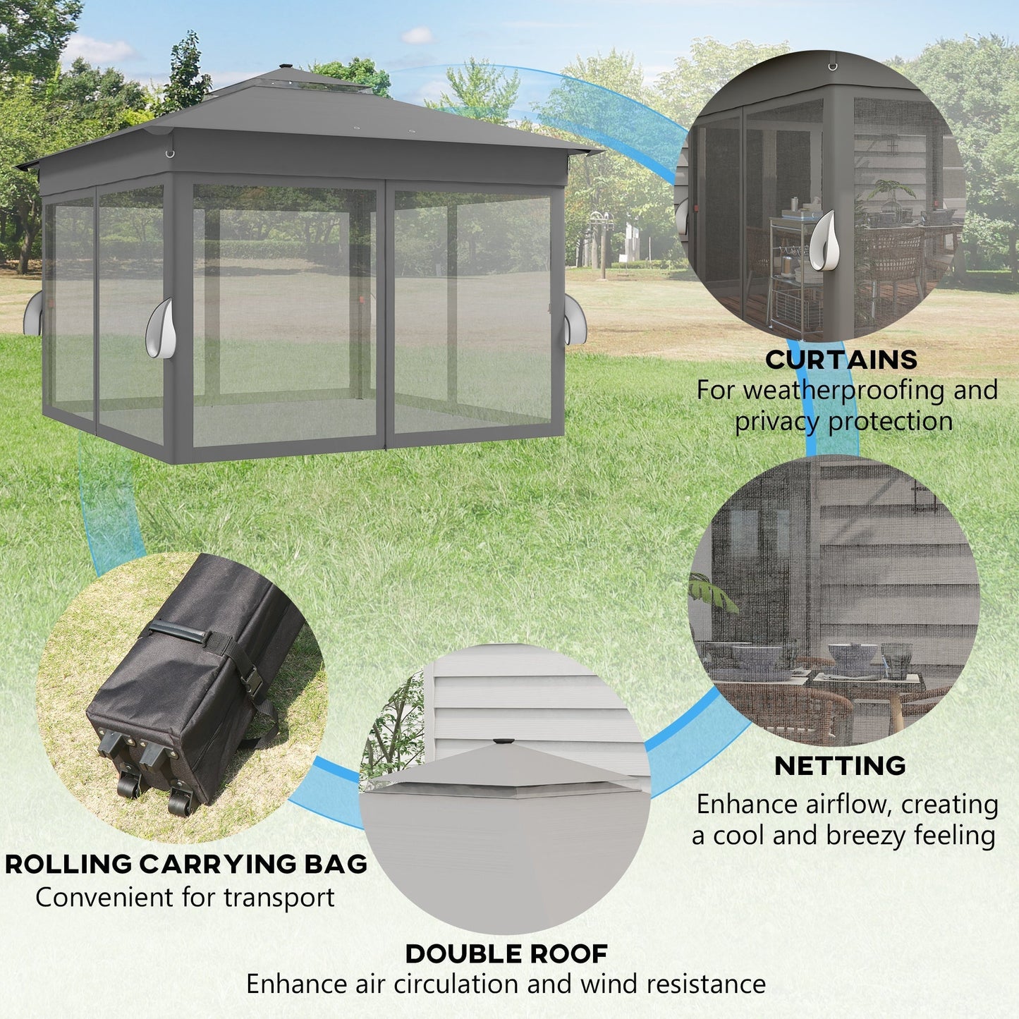 Outsunny 3.36 x 3.36m Pop Up Gazebo Party Tent with Solar-Powered LED Lights, Adjustable Event Shelter with Netting, Grey