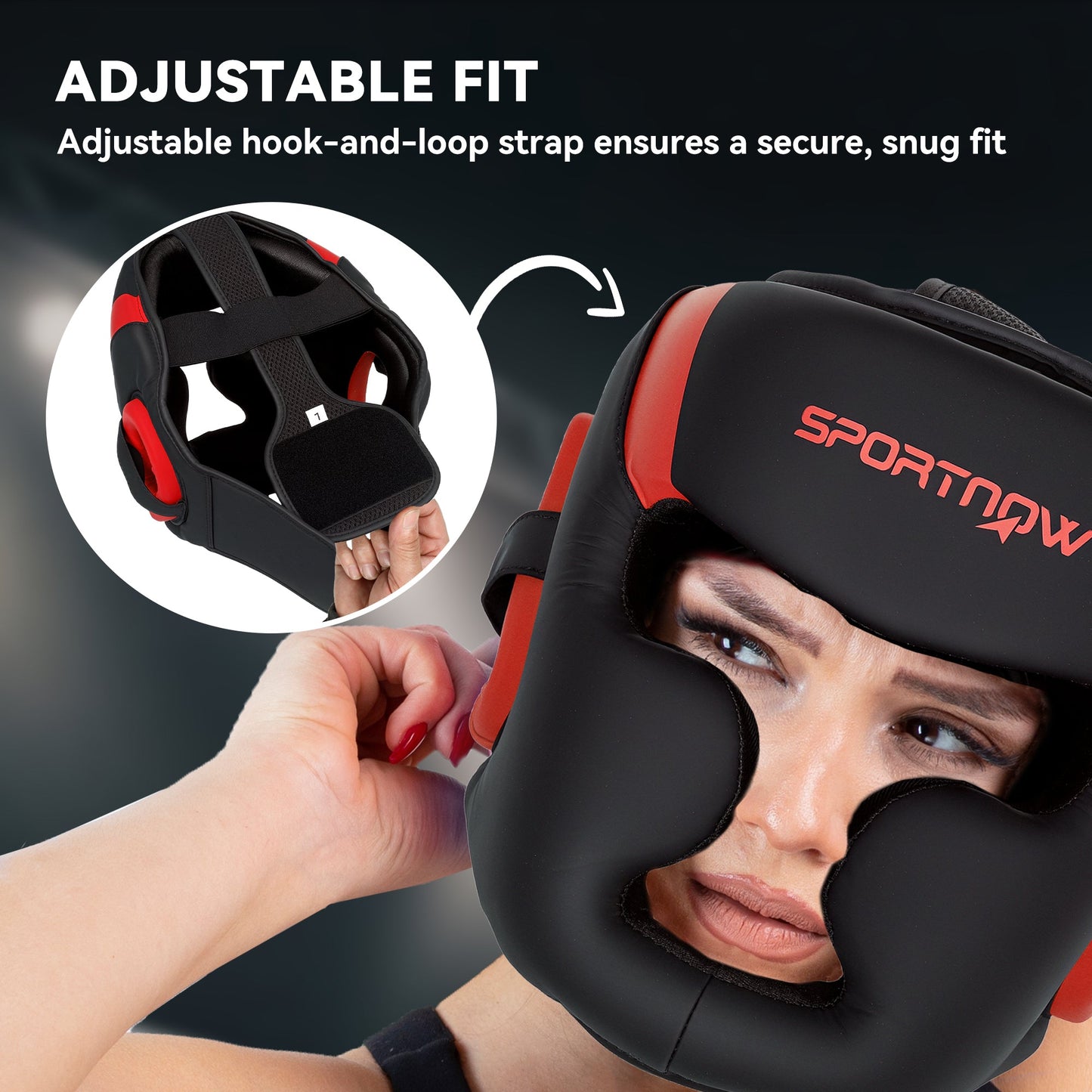 Kask bokserski SPORTNOW z regulowanym paskiem zapewniający pełną ochronę twarzy do kickboxingu, sparingów, sztuk walki, karate, taekwondo, czerwony