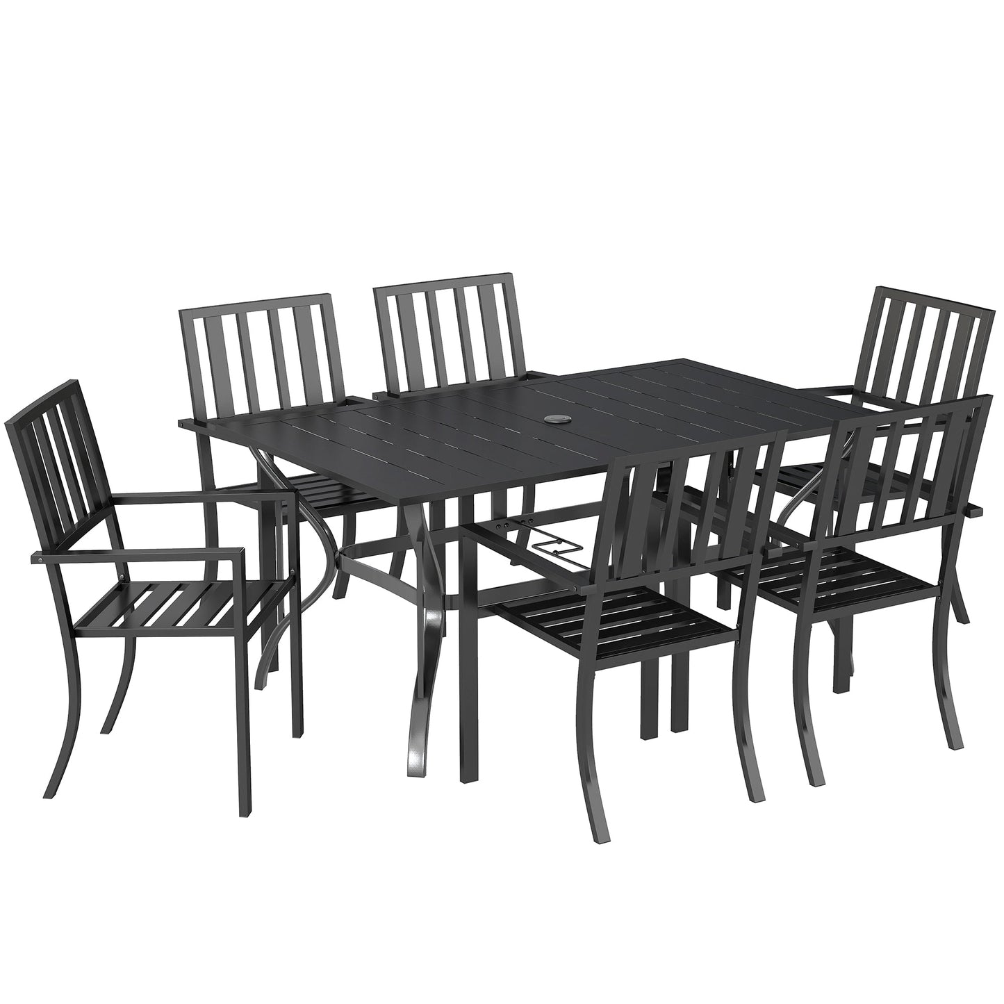 Outsunny 7 Pieces Garden Table and Chairs 6 Seater Outdoor Table and Chairs with Umbrella Hole, for Poolside, Garden, Black