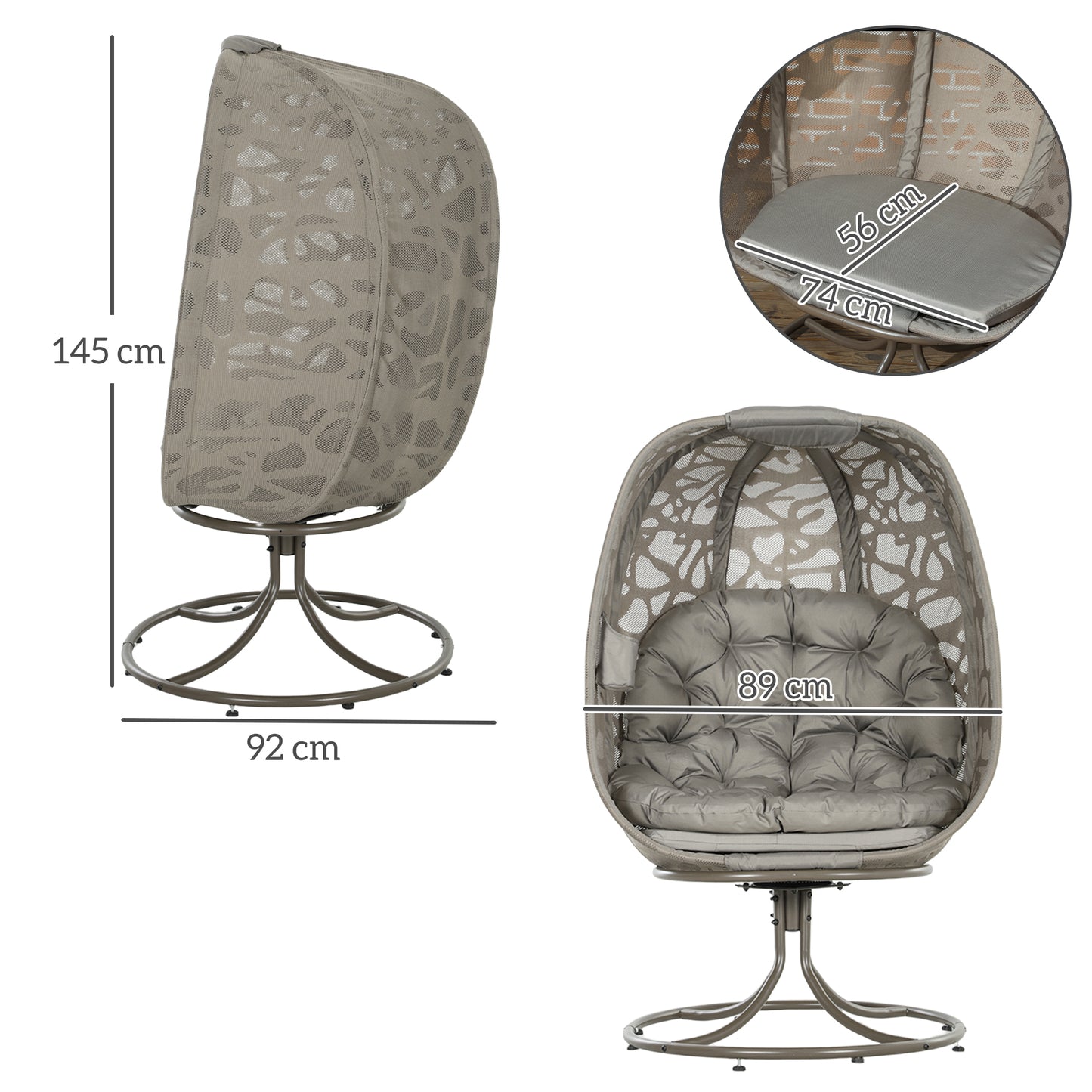 Outsunny Obrotowy fotel Egg z poduszkami, składane siedzisko koszowe i metalowa rama, fotel wypoczynkowy do wewnątrz i na zewnątrz na balkon, przy basenie, na patio i do salonu, piaskowobrązowy