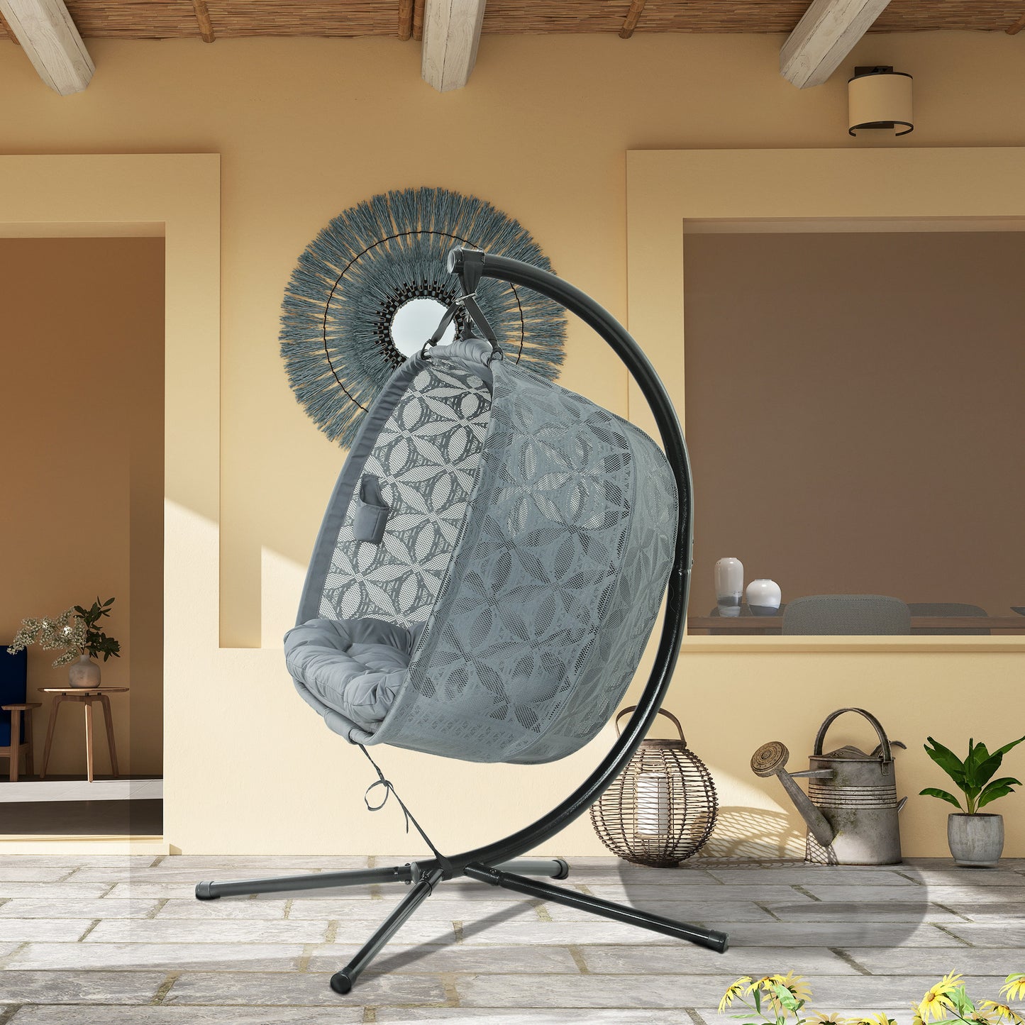 Outsunny Outdoor Podwójny wiszący fotel z poduszką i uchwytami na kubki, antracytowy