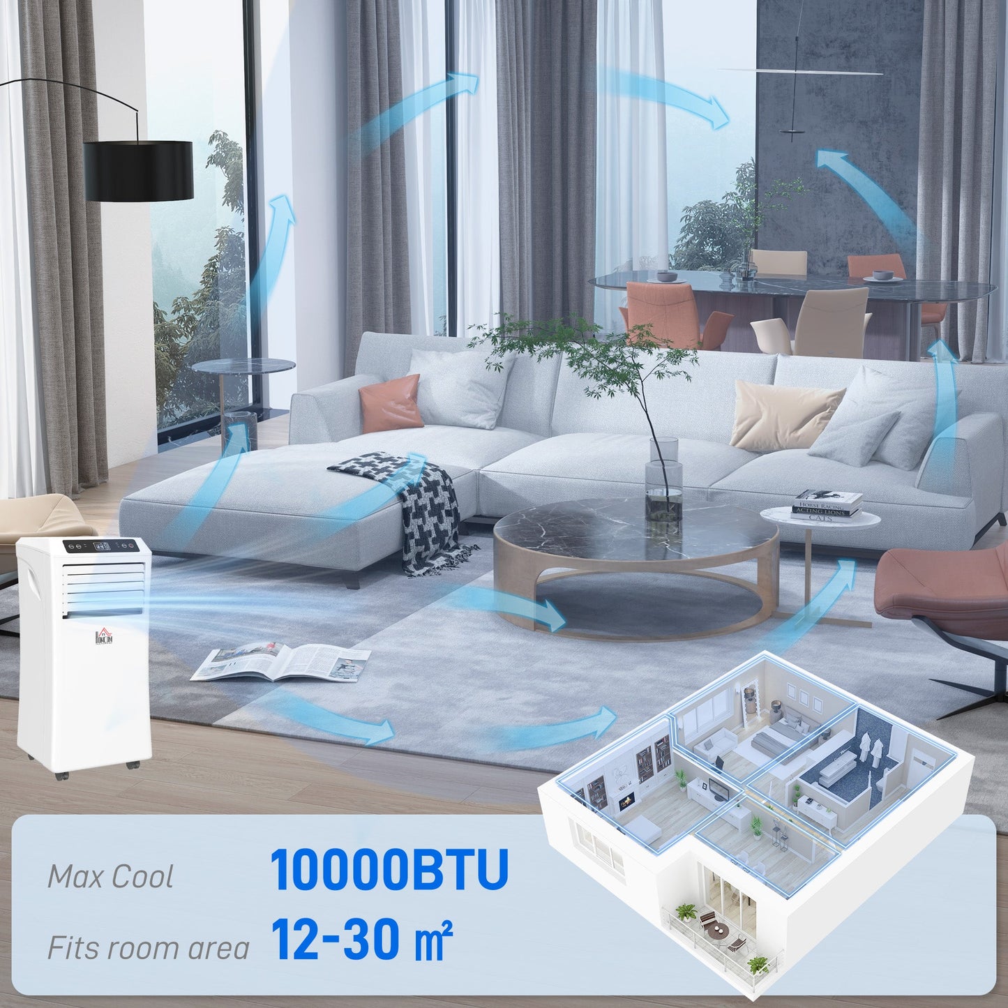 HOMCOM 10000 BTU Air Conditioning Unit, 3-in-1 Portable Air Conditioner, Dehumidifier, Cooling Fan with Remote Control, Digital Display, 2 Speeds, 24H Timer, Window Venting Kit, 30m²