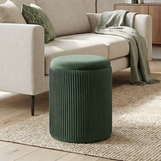 HOMCOM Storage Ottoman Modern Velvet Round Foot Stool for Living Room Bedroom 45 cm Dark Green