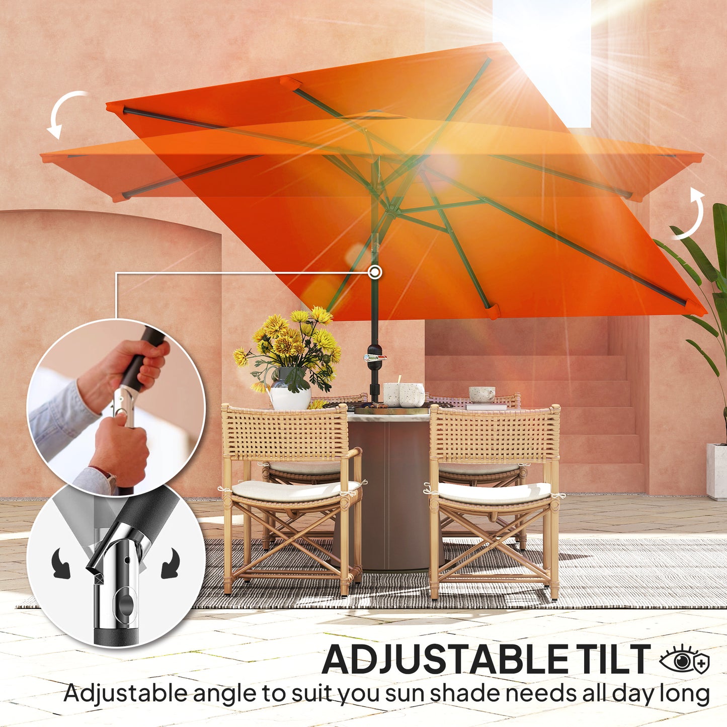 Outsunny 3x2m Patio Parasol ogrodowy Baldachim z aluminiową korbą odchylaną Prostokątny osłona przeciwsłoneczna Stal, pomarańczowy