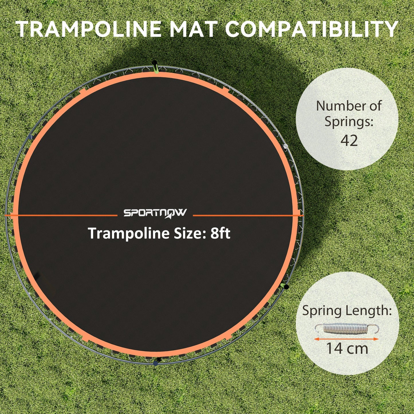 Mata zamienna do trampoliny SPORTNOW z narzędziem do naciągania sprężyn, 42 haki V, do trampoliny 8 stóp ze sprężynami 14 cm, pomarańczowy