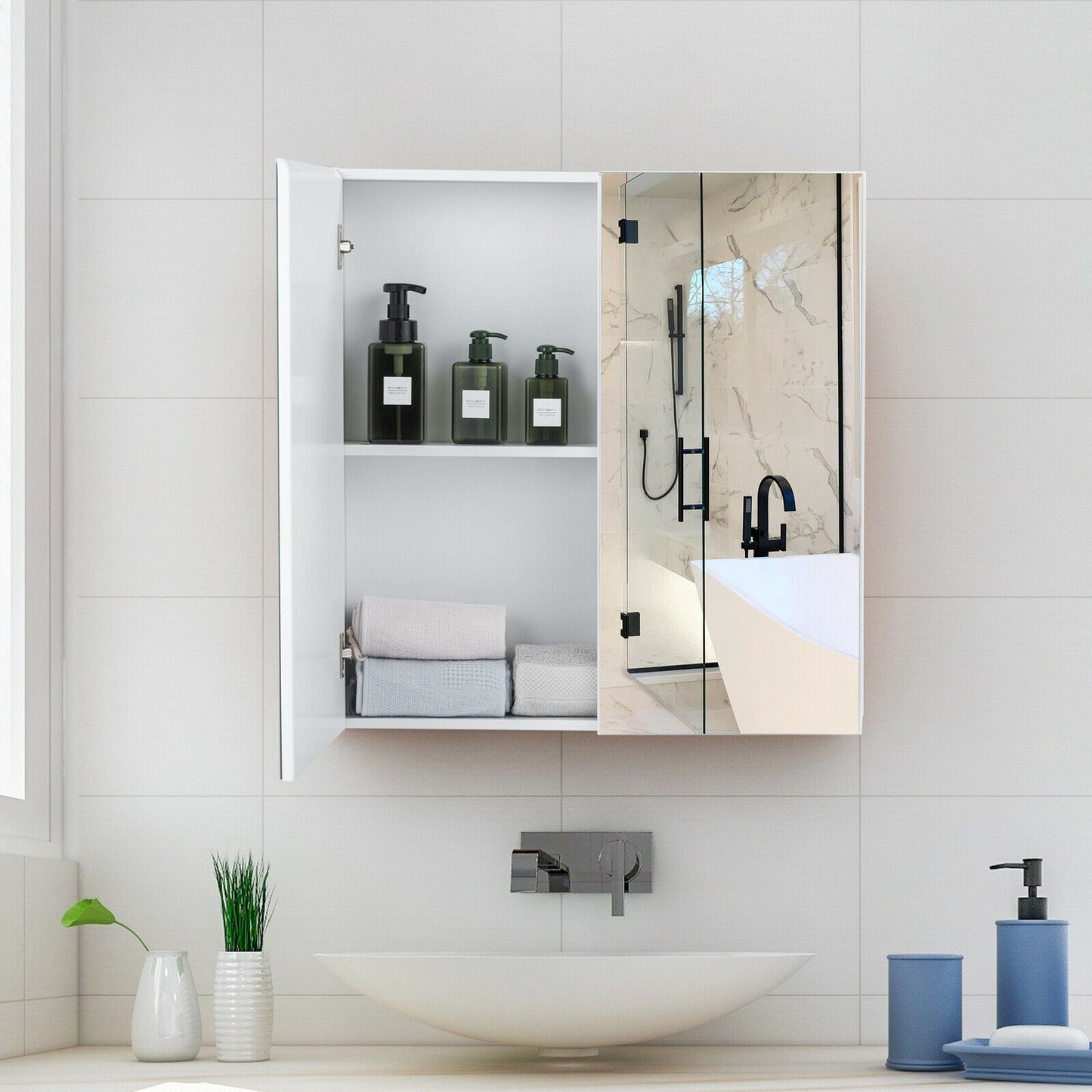 Bathroom Storage Cabinet with Double Mirror Doors
